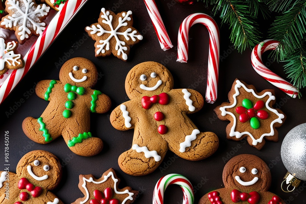 Festive Gingerbread Man Cookies and Colorful Candy Canes for Holiday Decorations Festive Gingerbread Man Cookies and Colorful Candy Canes for Holiday Decorations