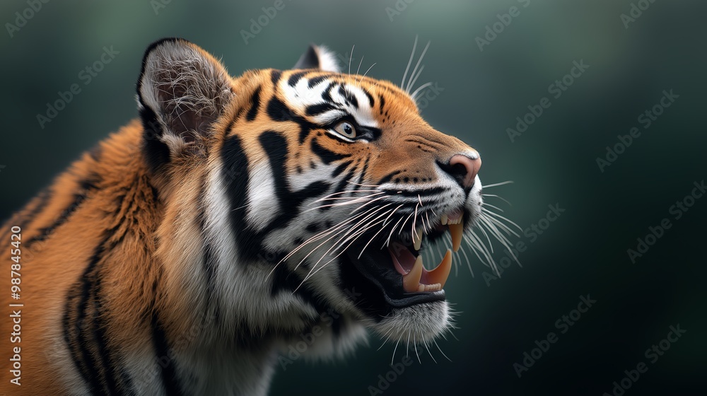 Close-up shot of a majestic tiger roaring against a blurred forest background, showcasing its powerful presence and striking features. Close-up shot of a majestic tiger roaring against a blurred forest background, showcasing its powerful presence and striking features.