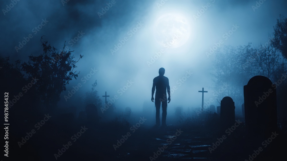 Fototapeta premium Blurred silhouette of a zombie in a foggy graveyard, surrounded by mist and moonlight for a spooky Halloween atmosphere