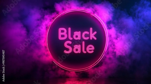 A modern neon sign displaying 'Black Sale' is beautifully illuminated against a backdrop of pink and purple smoke, creating an elegant and captivating promotional image. photo