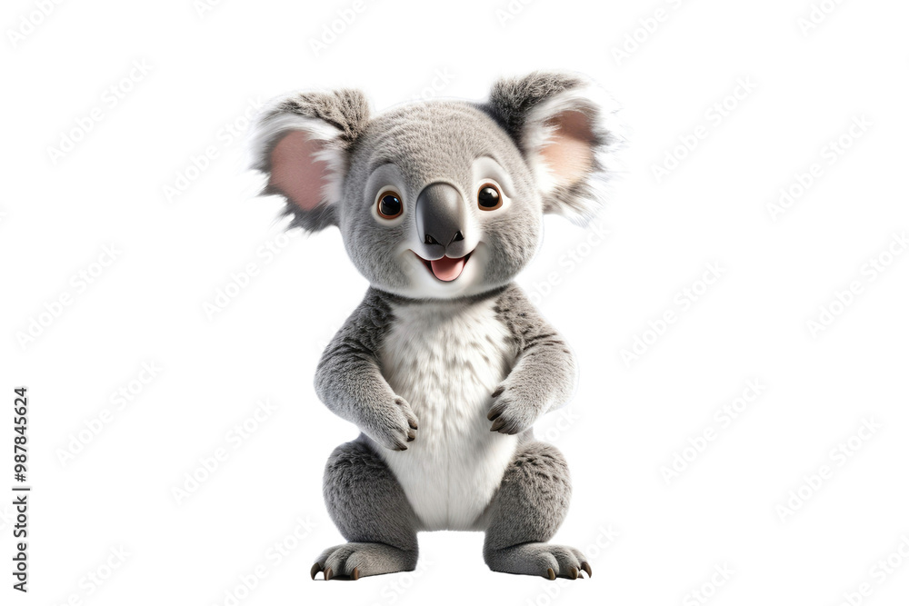 3D cartoon koala, smiling, exuding joy, centered, full body cutout, isolated against pristine white backdrop, reinforced by high key lighting with soft shadows, accentuating its plush features 3D cartoon koala, smiling, exuding joy, centered, full body cutout, isolated against pristine white backdrop, reinforced by high key lighting with soft shadows, accentuating its plush features