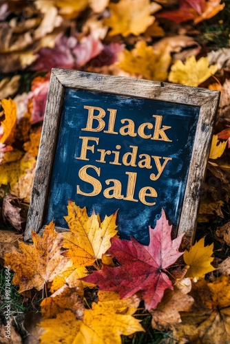 A chalkboard with 'Black Friday Sale' written in bright letters, surrounded by fallen autumn leaves, suggestively representing discounts and special deals amid the fall season. photo