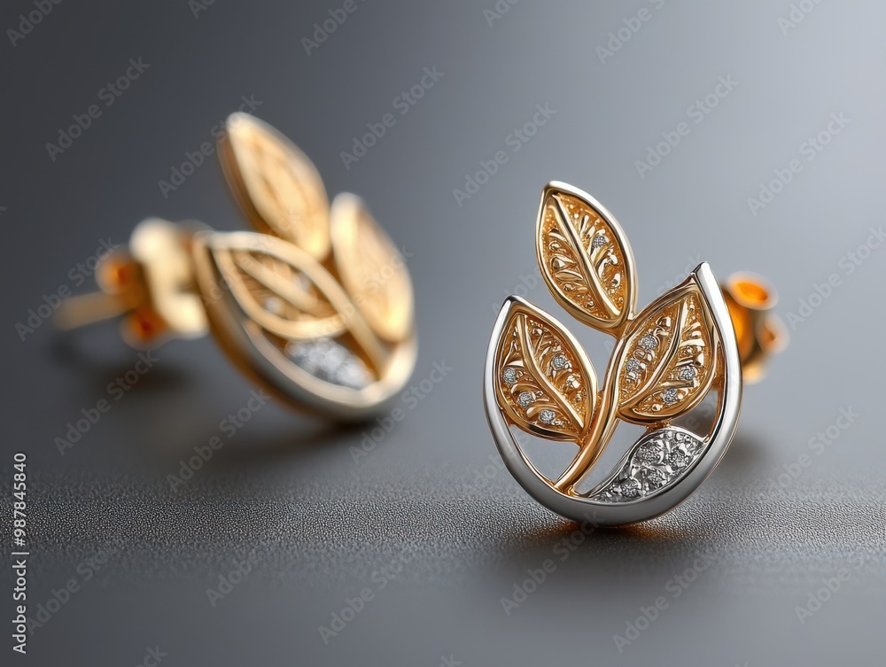 Naklejka premium Gold and Diamond Leaf Earrings on Gray Background