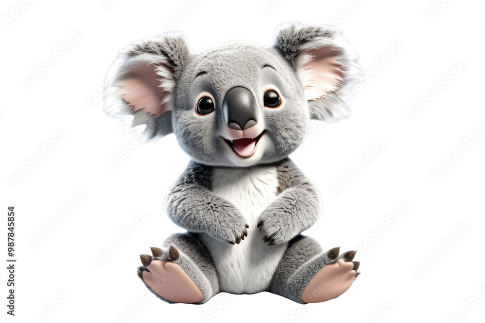 3D cartoon koala, smiling, exuding joy, centered, full body cutout, isolated against pristine white backdrop, reinforced by high key lighting with soft shadows, accentuating its plush features 3D cartoon koala, smiling, exuding joy, centered, full body cutout, isolated against pristine white backdrop, reinforced by high key lighting with soft shadows, accentuating its plush features