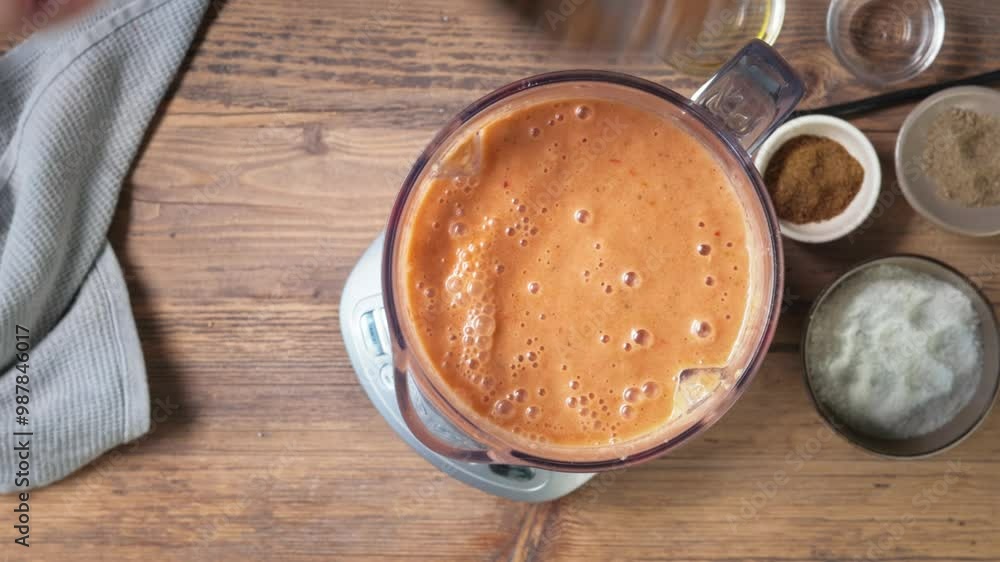 Process of making gazpacho soup. Cook mixing and trying cold tomato soup in blender, top view Process of making gazpacho soup. Cook mixing and trying cold tomato soup in blender, top view
