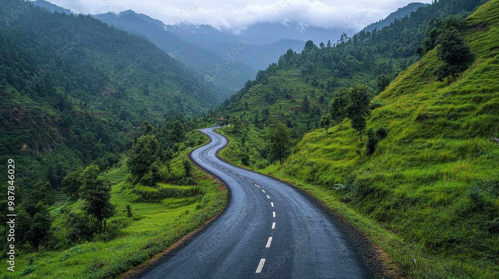 Fototapeta premium A captivating image of a winding road slicing through lush, green hills under an overcast sky, creating a peaceful and scenic landscape that invites adventure and exploration.
