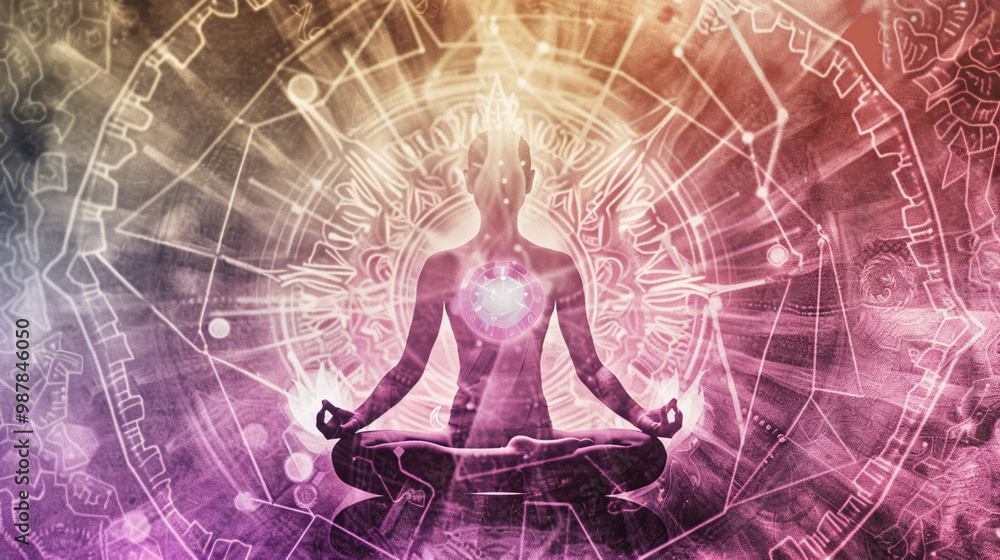 A person meditating in lotus position with a sacred geometry background. Symbolizing enlightenment and spiritual awakening A person meditating in lotus position with a sacred geometry background. Symbolizing enlightenment and spiritual awakening
