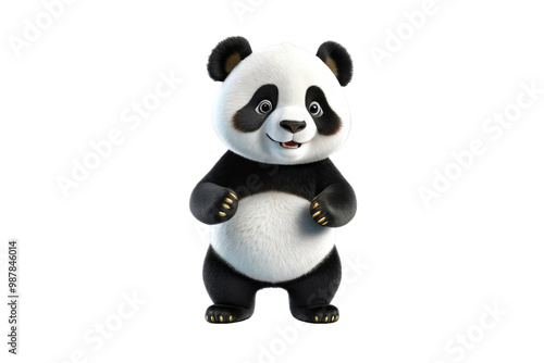 3D cartoon panda, beaming, joyfully posed, entire body displayed, elegantly isolated on a pristine white backdrop, ultra clear, high quality stock photo, centered, full of life, vibrant, high contrast