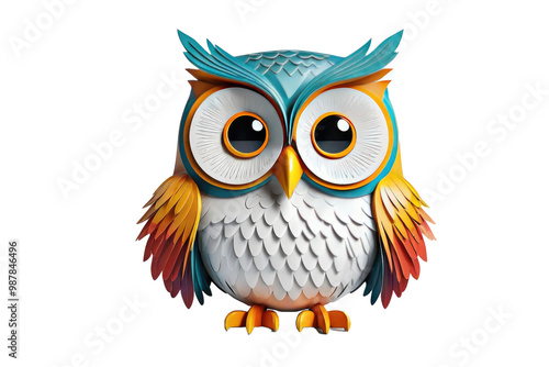 A cheerful, cartoon owl, full-bodied and three-dimensional, stamp of happiness etched on its plumage, masterfully centered on a stark white backdrop