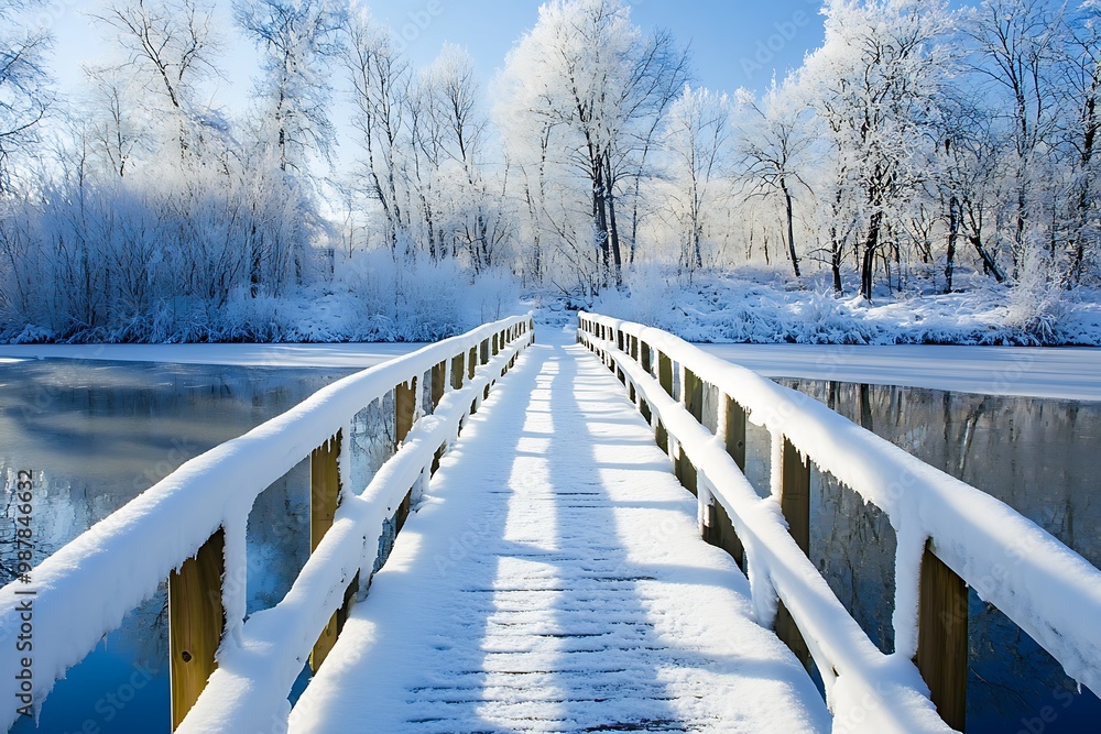 Snowy wooden bridge over frozen river in winter forest landscape Snowy wooden bridge over frozen river in winter forest landscape