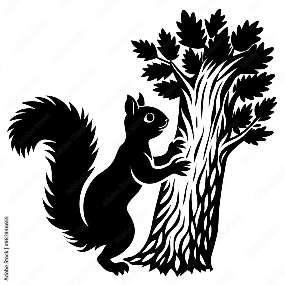 Fototapeta premium Squirrel Silhouette Climbing Tree with Trailing Tail Vector Art