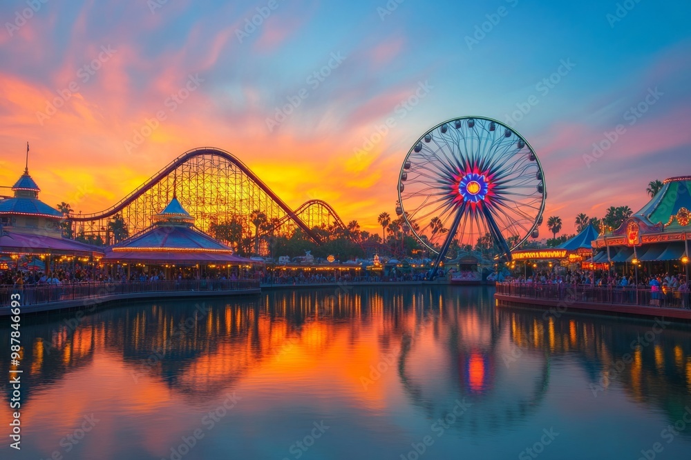Obraz premium A beautiful amusement park at sunset. The vibrant colors of the sky reflect on the water. A picturesque view of fun rides and joyful moments. Generative AI