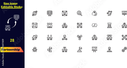 Partnership stroke icon set, featuring icons for business, win-win situations, trust, collaboration, goals, teamwork, sharing, performance, knowledge, and planning. Editable outline vector.