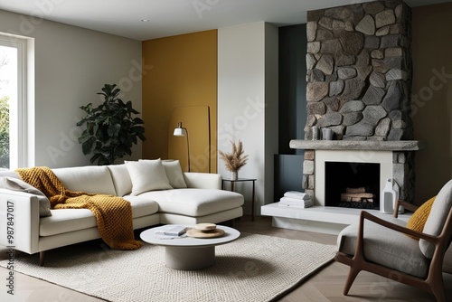 Scandinavian Minimalist Living Room Design with Cream Sectional Mustard Accents and Cozy Knitted Throws by Stone Fireplace