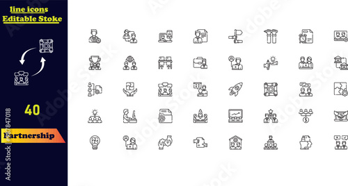 Partnership stroke icon set, featuring icons for business, win-win situations, trust, collaboration, goals, teamwork, sharing, performance, knowledge, and planning. Editable outline vector.