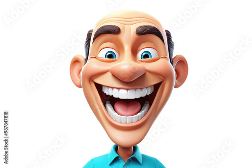 High-quality stock photo showcasing an exuberant 3D cartoon man, solitarily placed, teeth gleaming in a broad smile as his jovial eyes sparkle with happiness