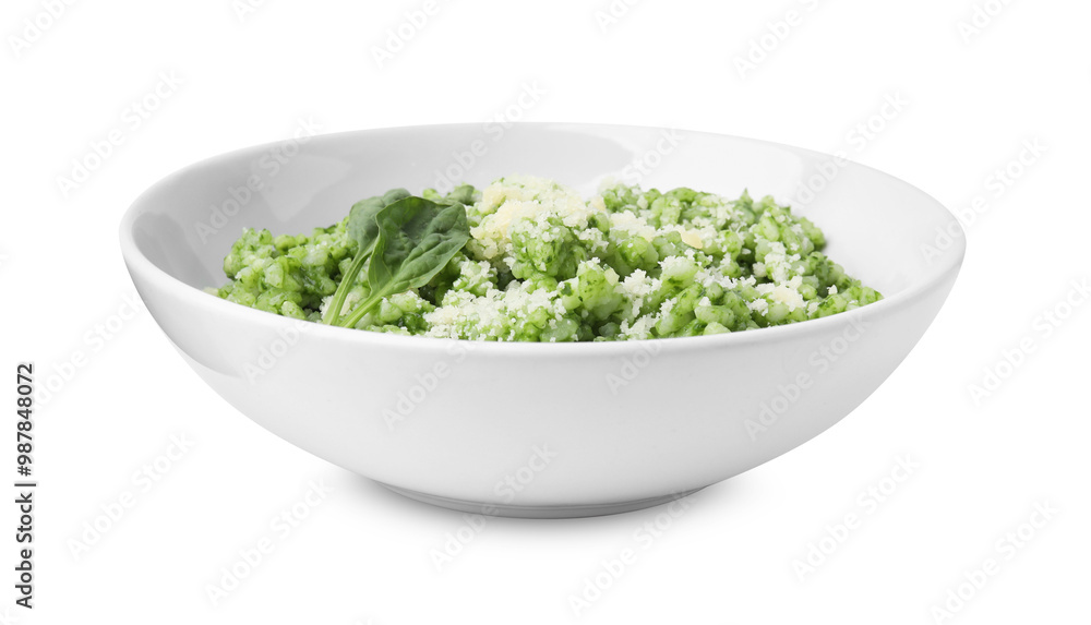 Delicious spinach risotto with parmesan cheese isolated on white Delicious spinach risotto with parmesan cheese isolated on white