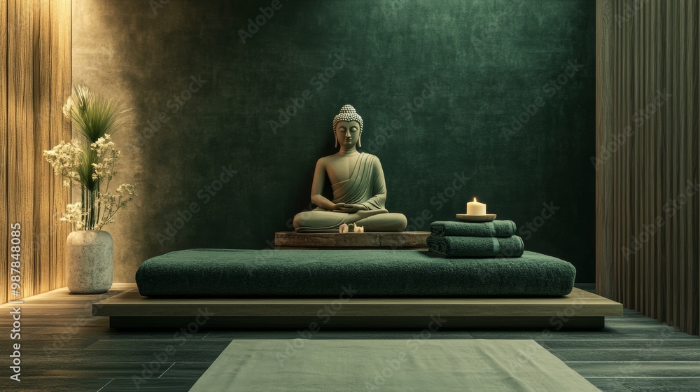Serene thai massage parlor with daybed, towels, and buddha in modern minimalist design Serene thai massage parlor with daybed, towels, and buddha in modern minimalist design