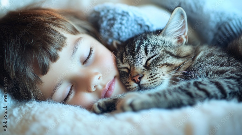 Child sleeping with cat pet composition background Child sleeping with cat pet composition background