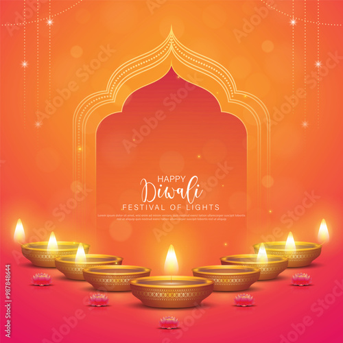 Happy Diwali - festival of lights colorful poster template design with decorative diya lamp.