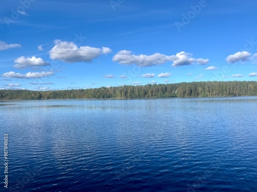 beautiful blue lake view, blue sky with white clouds reflections on the lake surface