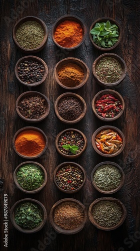 A variety of colorful spices arranged in bowls on a wooden surface in a kitch...