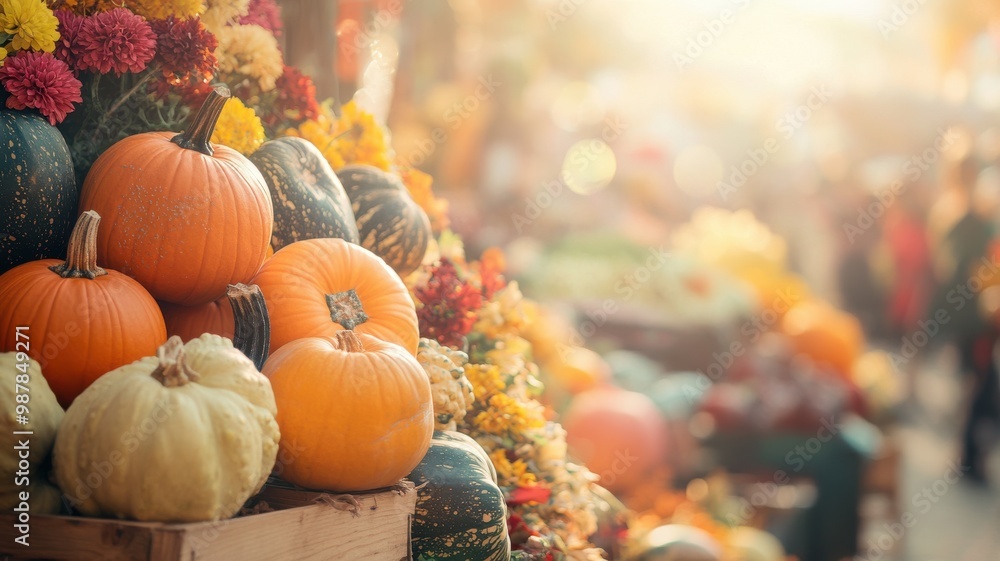 Harvest festival scene with pumpkins, gourds, and flowers arranged on a wooden cart, with warm sunlight and a festive market background Harvest festival scene with pumpkins, gourds, and flowers arranged on a wooden cart, with warm sunlight and a festive market background