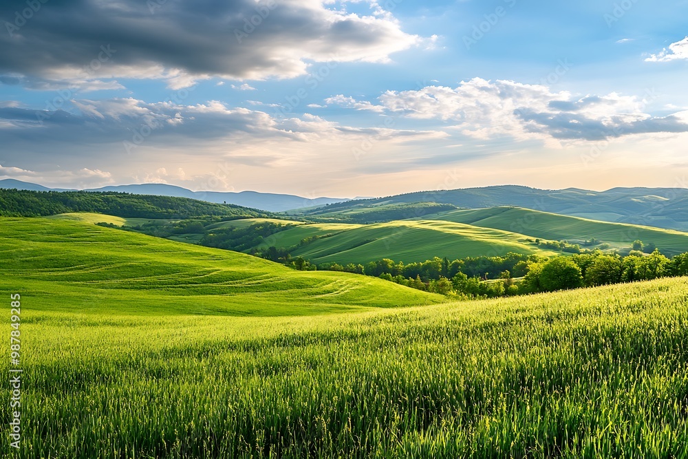 Rolling Green Hills with Blue Sky and White Clouds. Panoramic View of Beautiful Landscape Rolling Green Hills with Blue Sky and White Clouds. Panoramic View of Beautiful Landscape