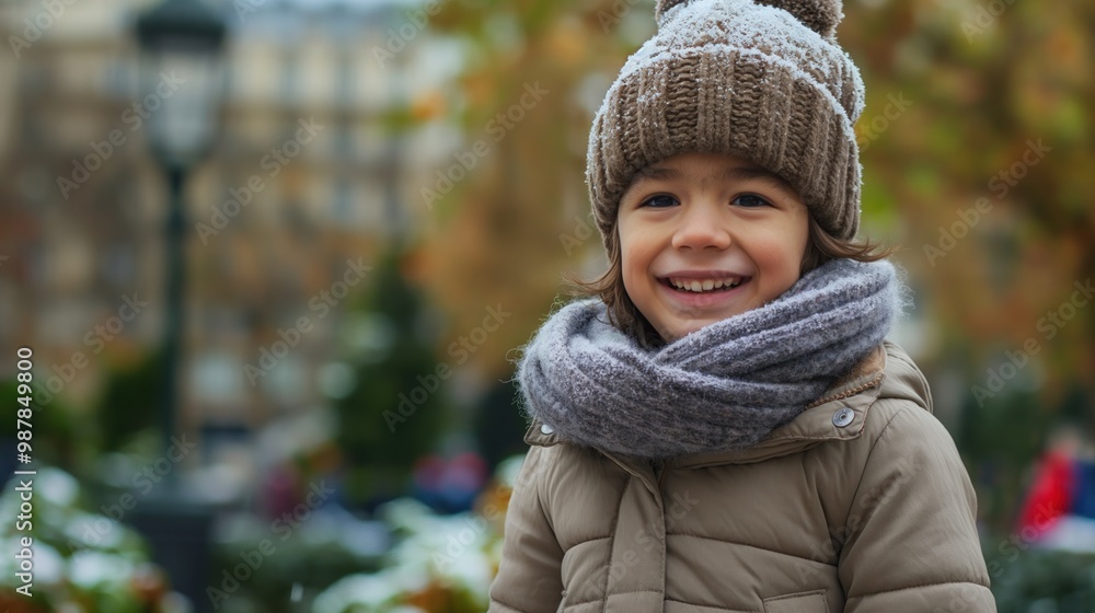 A young child, bundled in warm clothing, smiles happily surrounded by festive winter decor A young child, bundled in warm clothing, smiles happily surrounded by festive winter decor