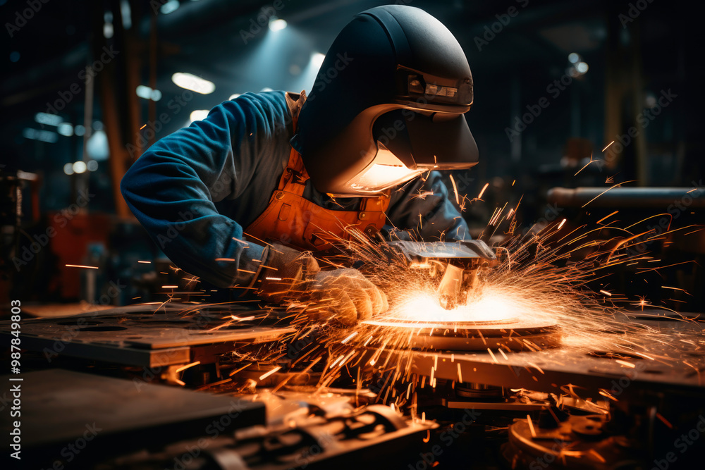 Welder working with sparks flying in industrial workshop Welder working with sparks flying in industrial workshop