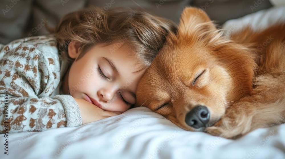 Child sleeping with dog pet composition background Child sleeping with dog pet composition background