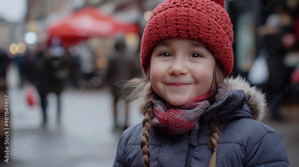 A cheerful child enjoys the festive atmosphere of Boxing Day in a bustling market A cheerful child enjoys the festive atmosphere of Boxing Day in a bustling market