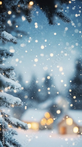 Snowfall over cozy winter homes at dusk with soft lights illuminating the sce...