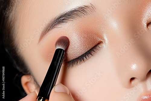 A woman applying eyeshadow, using a blending brush to create a soft, natural look