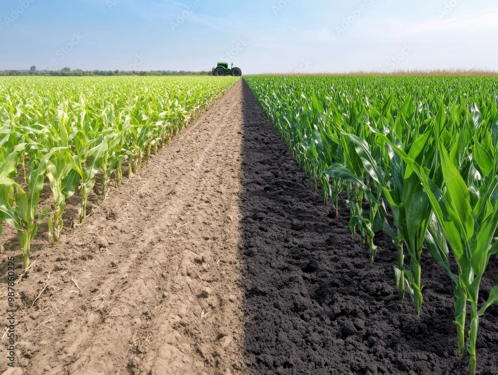 Green corn plants thriving beside dry soil in a contrasting agricultural field during daylight Green corn plants thriving beside dry soil in a contrasting agricultural field during daylight
