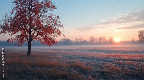 Frosty morning landscape with a vibrant red tree against a sunrise backdrop i...