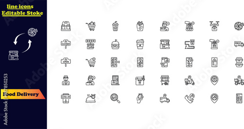 Food delivery stroke icon collection, featuring icons such as a courier on a bike, food box, contactless delivery, and more. Outline icon set.