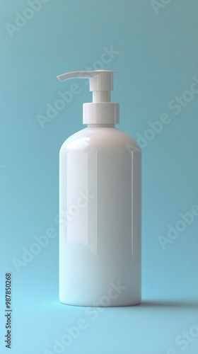 Simple white pump bottle on a light blue background for cosmetic or skincare ...