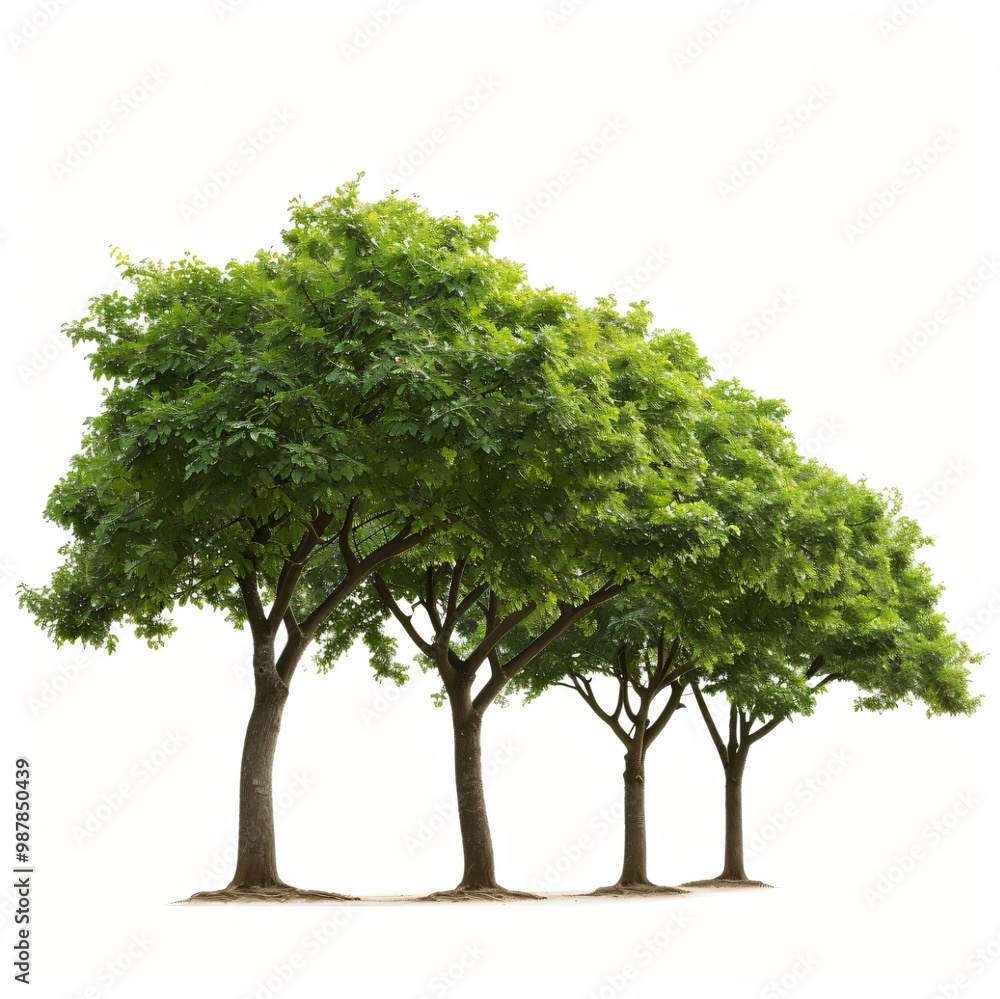 Three lush green trees with thick trunks isolated against a white background. Three lush green trees with thick trunks isolated against a white background.