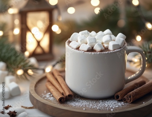 Cozy winter drink with marshmallows served near festive lights and pine decorations