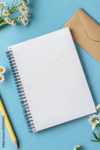 A blank notebook, pencil, flowers, and an envelope positioned on a blue backg...