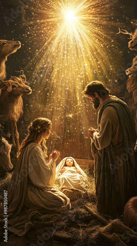 Cute baby Jesus in the manger, Mary and Joseph next to him, a donkey nearby, candles around them, a Christmas tree behind, beautiful light