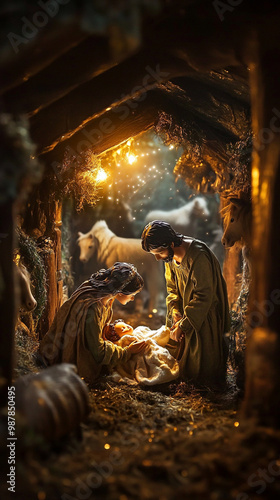 Cute baby Jesus in the manger, Mary and Joseph next to him, a donkey nearby, candles around them, a Christmas tree behind, beautiful light