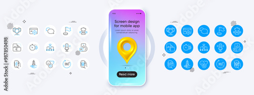 Phone mockup with 3d map pin icon. 360 degrees, Milestone and Microphone line icons. Pack of Messenger, Cogwheel timer, Award app icon. Seo targeting, Smile, Best chef pictogram. Vector