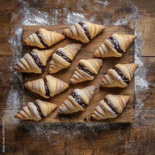 Freshly baked croissants arranged on a rustic wooden table dusted with flour