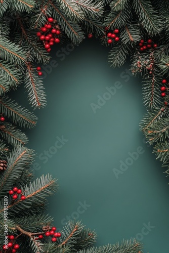 Festive holiday wreath adorned with pinecones and red berries on a green back...