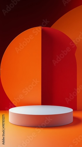 Minimalist display platform with orange geometric shapes and gradient backgro...