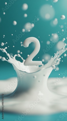Dynamic water splash creating the number two against a vibrant blue background