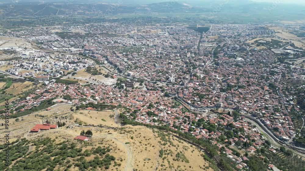 Aerial drone video of Bergama Ancient City. Bergama city aerial view. Ancient cities in Turkey. The oldest ancient cities in the world. Aerial drone video of Bergama Ancient City. Bergama city aerial view. Ancient cities in Turkey. The oldest ancient cities in the world.