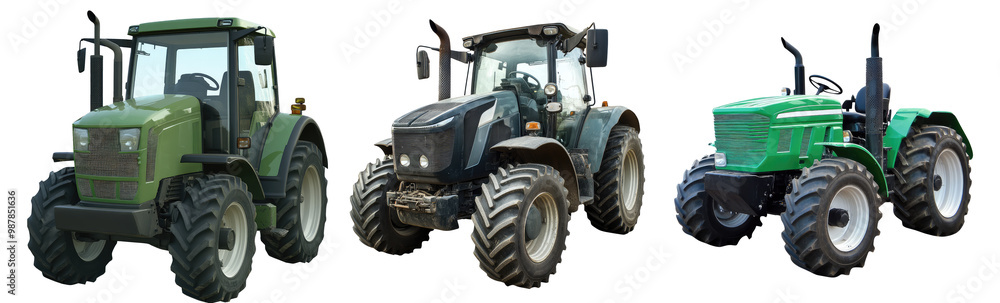 Realistic agricultural tractor on transparent background, PNG. Clipart template set collection Realistic agricultural tractor on transparent background, PNG. Clipart template set collection